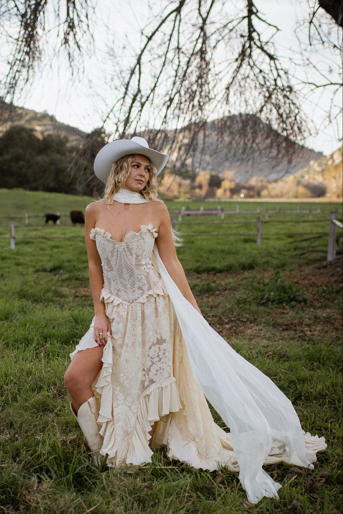 Bride in a vintage lace corset wedding dress with ruffled skirt and cowboy hat standing in a grassy field with mountains behind her.