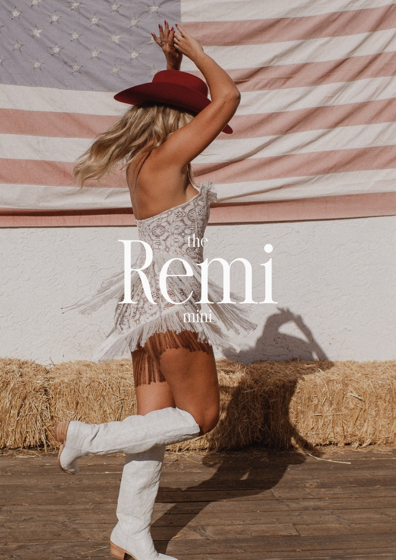 South of West Remi vintage lace reception dress with layered fringe
